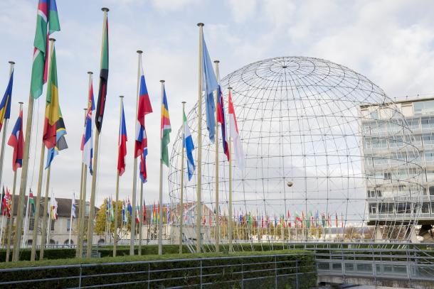 View of the globe and flags at UNESCO Headquarters during the General Conference