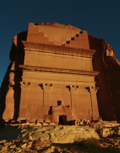 Ornate facade of the Nabataean tomb carved into the rocks at Hegra (Mada'in Saleh), a UNESCO World Heritage Site in AlUla