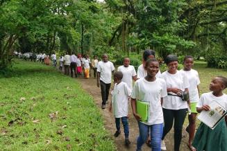 Children living in the Korup Rainforest Biosphere Reserve, Cameroon, participate in educational activities on sustainable development and environmental conservation 