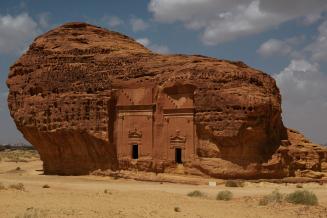 Monumental Nabataean tombs carved into the rocks at Hegra (Mada'in Saleh), a UNESCO World Heritage Site in AlUla