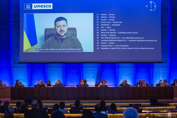 Zelensky adressing UNESCO Executive Board
