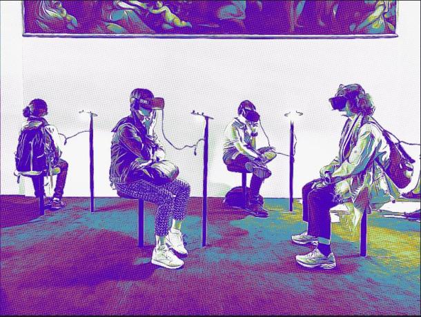 Illustration of 4 people in the same room but with virtual reality glasses