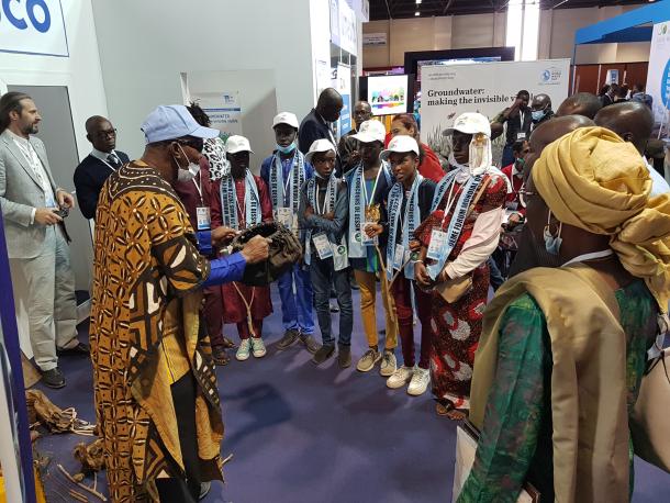 A meet and greet event organized by UNESCO to explain the importance of traditional water management techniques to school children at the World Water Forum in Dakar, Senegal in 2022 