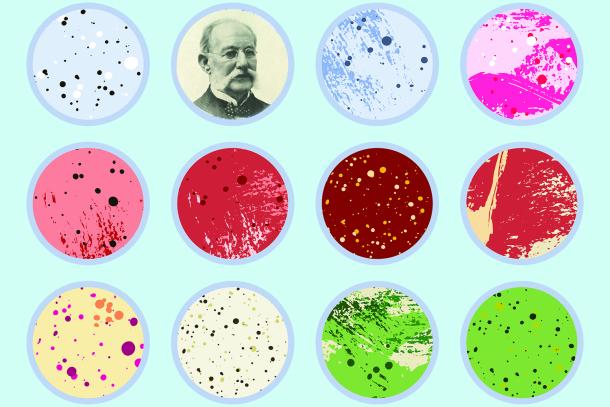illustration for the 2023 call for nominations of the Carlos J. Finlay UNESCO Prize for Microbiology, showing three rows of four petri dishes each containing different reactions and experiements. The second dish from the left on the top row contains a photo of Carlos J Finlay