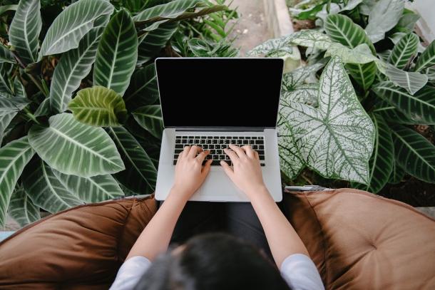 Woman typing on laptop surrounded by plants