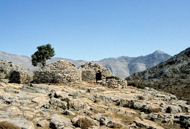 Landscape featuring shepherd's huts, Mitata, made out of the same rock as the landscape.