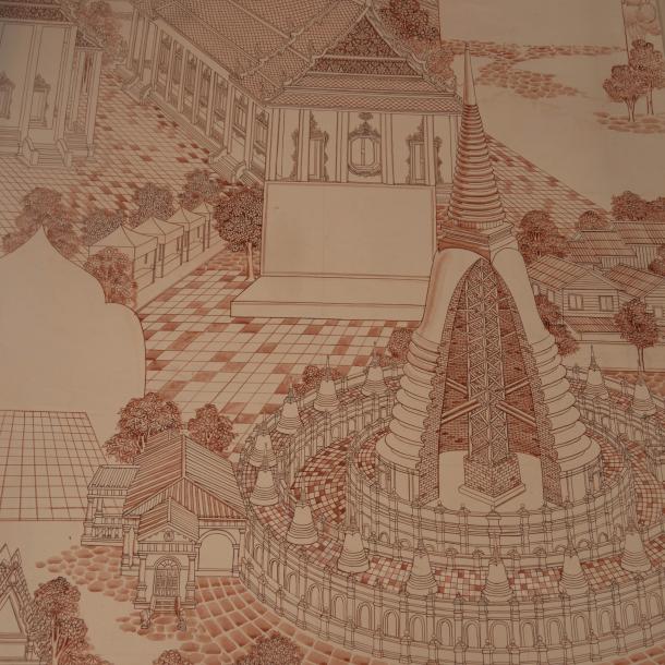Unfinished depiction of the chedi, mural inside the vihara 