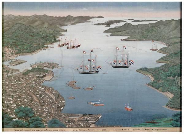 Panoramic map of the bay of Nagasaki and the trading post Deshima, 19th Century