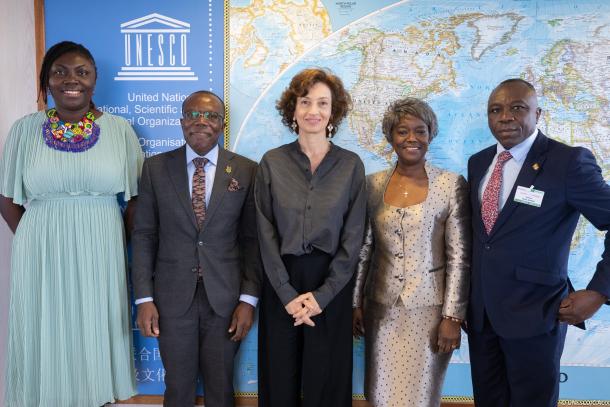 UNESCO Director-General, Audrey Azoulay, Her Excellency, Ms Anna Bossman, Ambassador of Ghana to UNESCO, and Prof. Ellis Owusu-Dabo, Pro-Vice Chancellor of Kwame Nkrumah University of Science and Technology (KNUST)