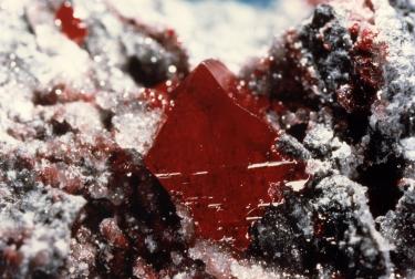 Cinnabar crystal from Almadén Mine; Calatrava Volcanoes. Ciudad Real UNESCO Global Geopark, Spain  